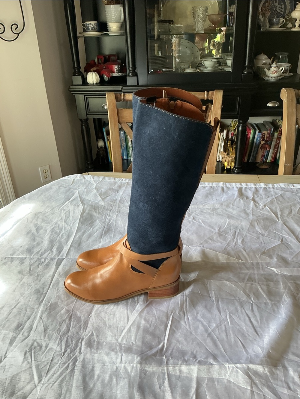 Tivoli Two-Tone Over-the-Knee Boots in Navy and Tan
